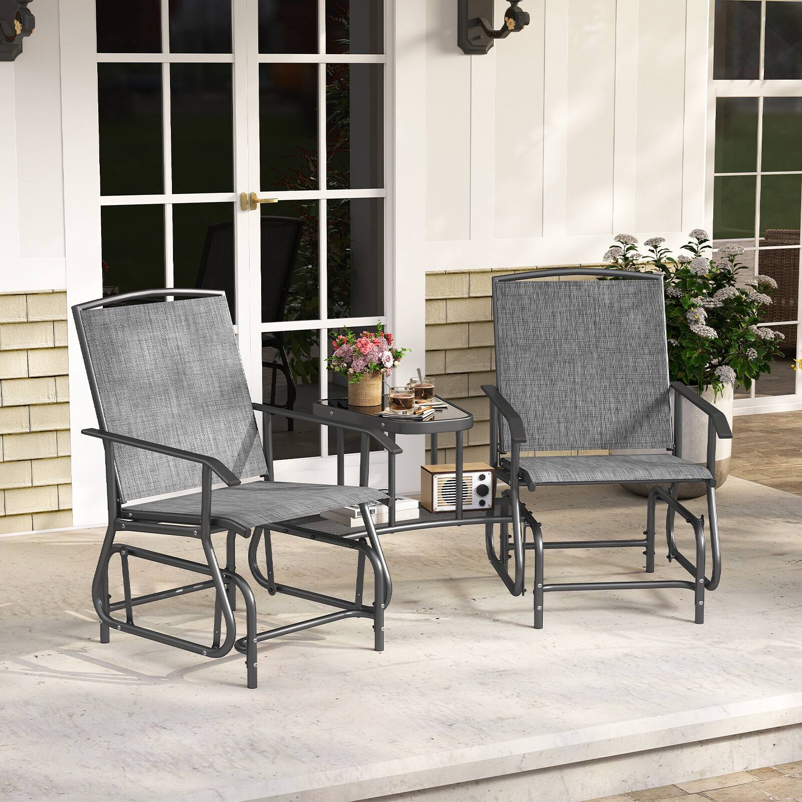 Alt View 3. Costway - Costway 2-Seater Outdoor Glider Bench with 2-Tier Center Table, Breathable Mesh Fabric Seat - Gray.