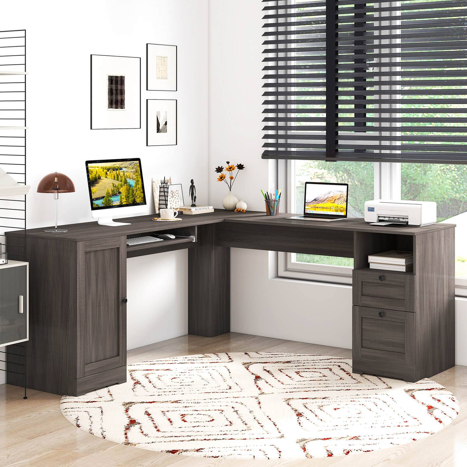 Alt View 3. Costway - Costway L-Shaped Corner Computer Desk Writing Table Study Workstation w/ Drawers - Gray.