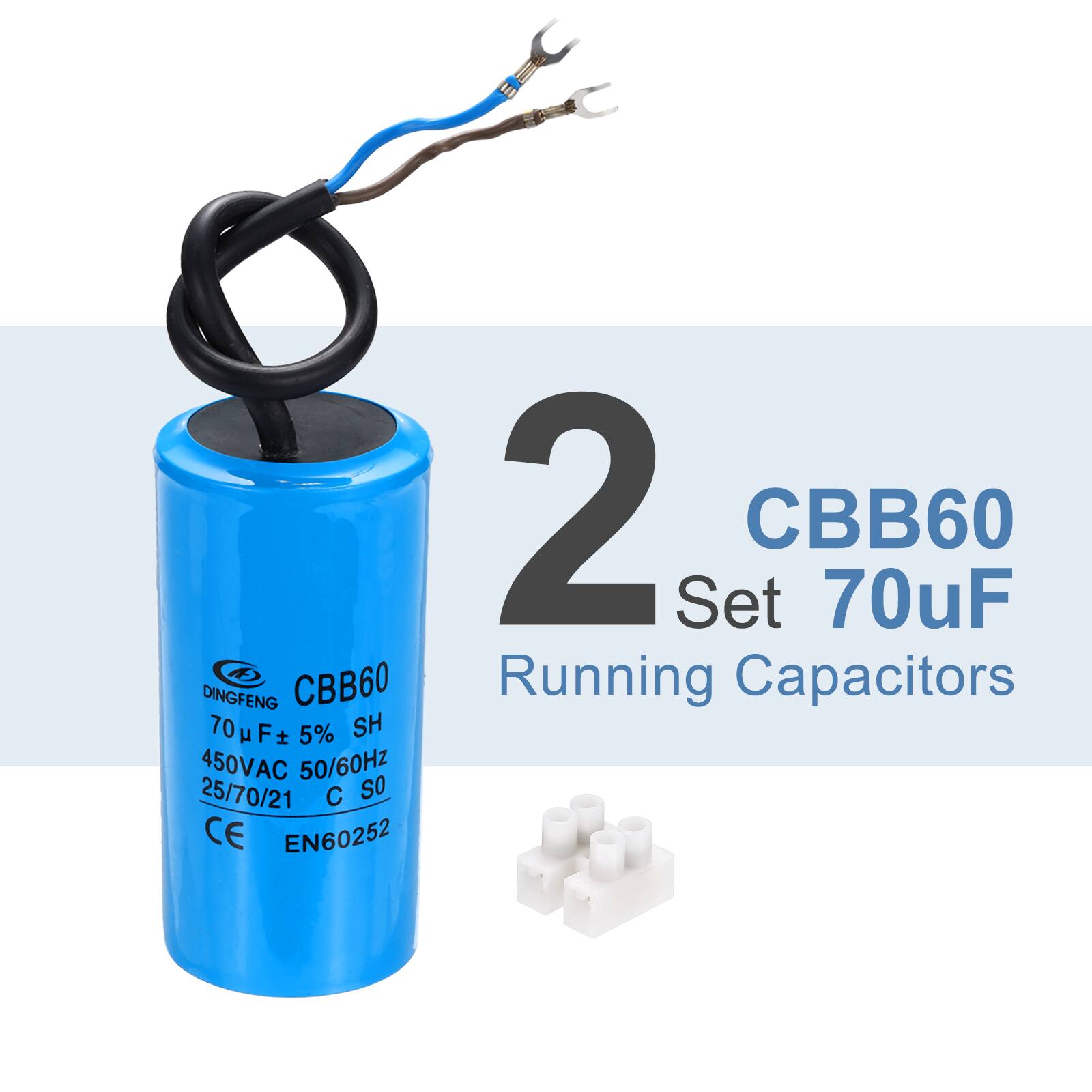 DINGFENG CBB60 70uF 5% SH 450VAC 50/60Hz 25/70/21 C SO CE EN60252

2 Set CBB60 70uF Running Capacitors