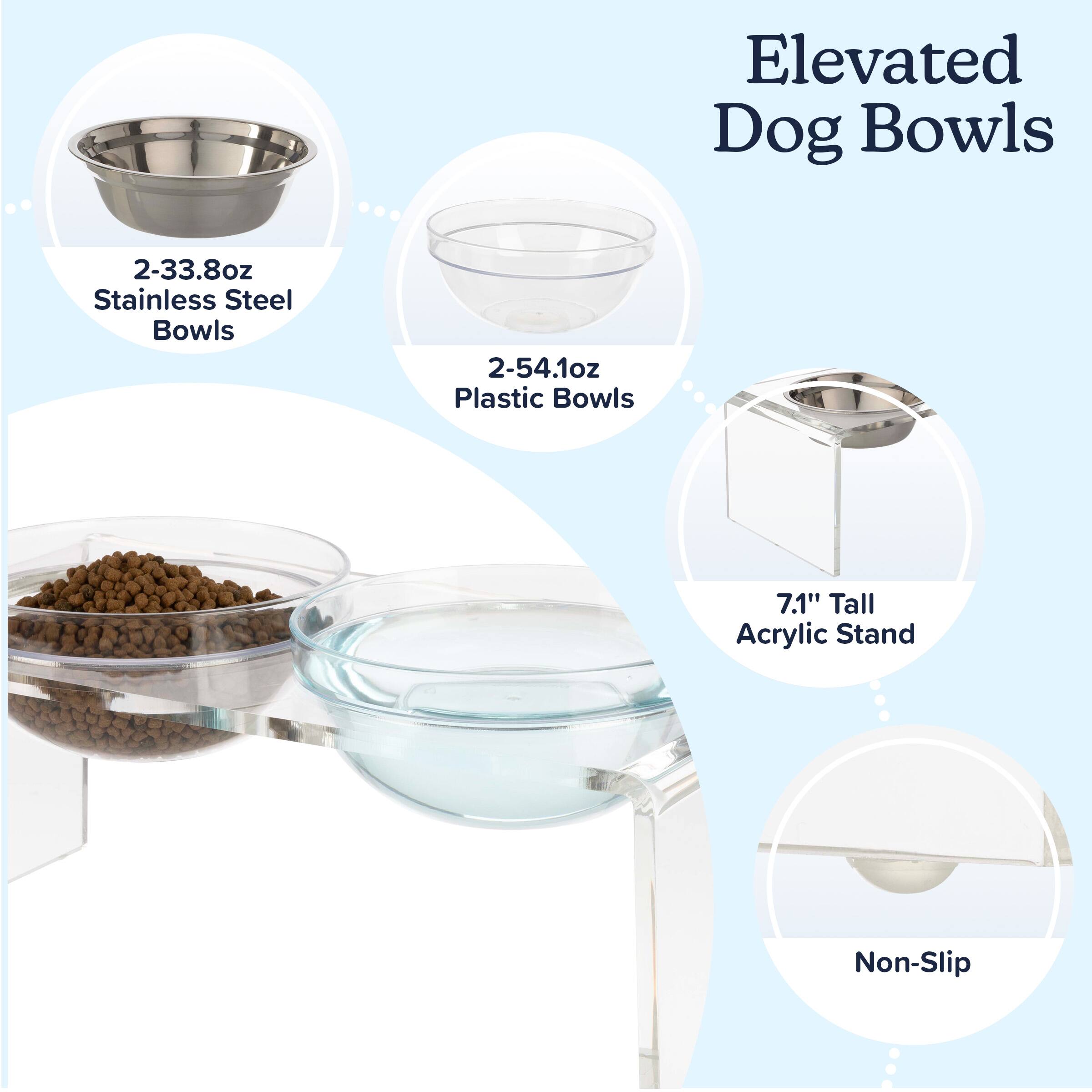 Elevated Dog Bowls

- 2-33.8oz Stainless Steel Bowls
- 2-54.1oz Plastic Bowls
- 7.1" Tall Acrylic Stand
- Non-Slip