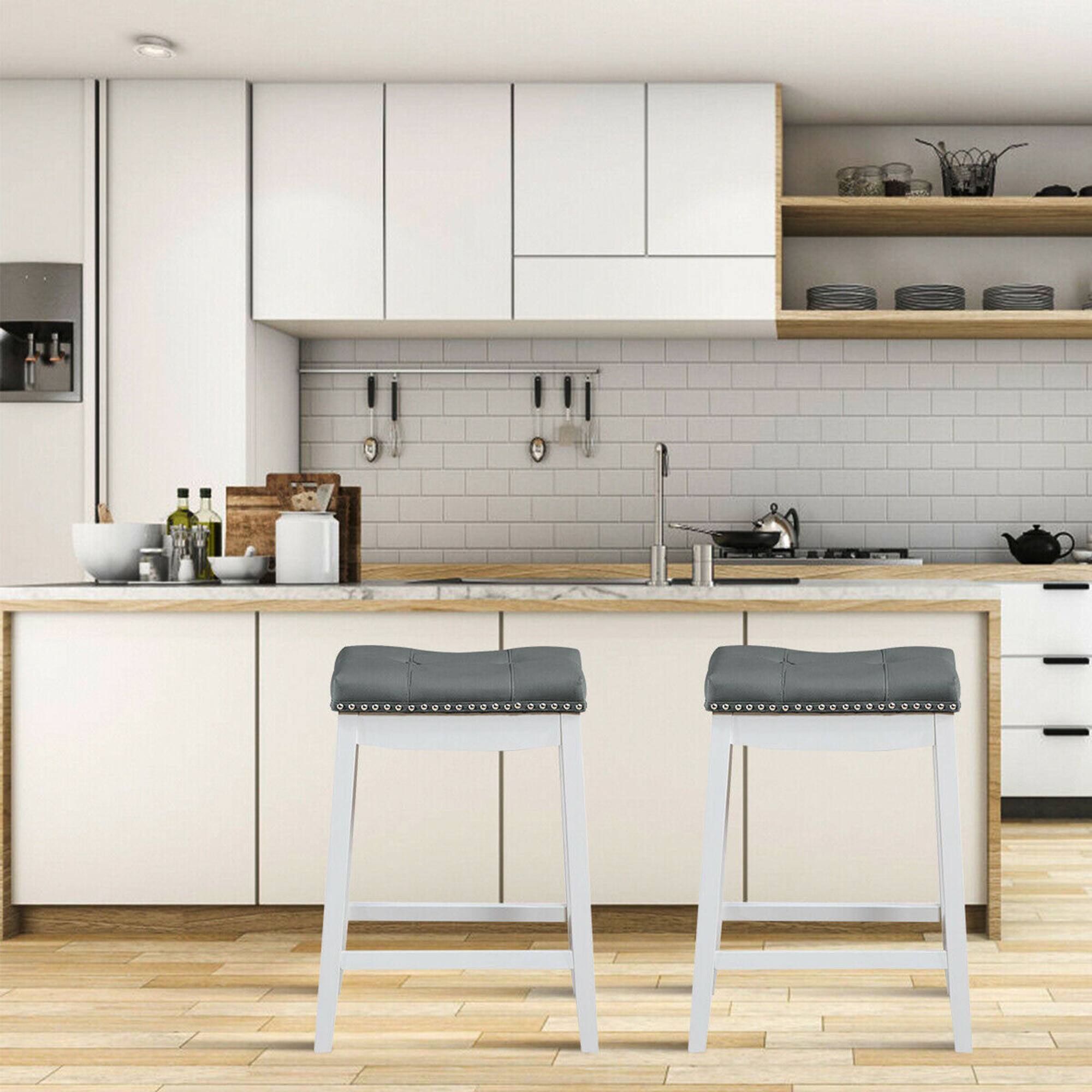 Alt View 2. Gymax - Gymax Set of 2 Nailhead Saddle Bar Stools 24'' Counter Stools White with Grey Cushion - as pic.