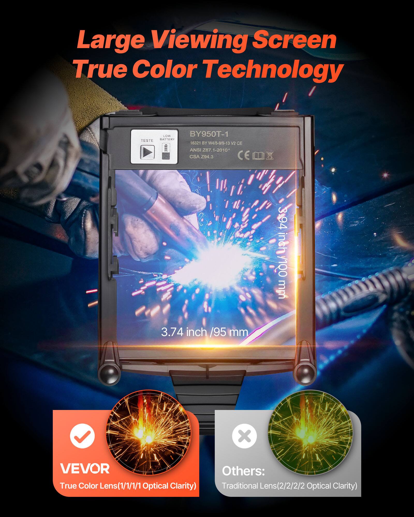 Large Viewing Screen True Color Technology

LOW TESTE BATTERY BY950T-1 16321 BY W4/5-9/9-13 V2 CE ANSI 287 1-2010 CSA 294.3 CE 3194

3.74 inch / 95 mm

VEVOR True Color Lens (1/1/1/1 Optical Clarity)

Others: Traditional Lens (2/2/2/2 Optical Clarity)