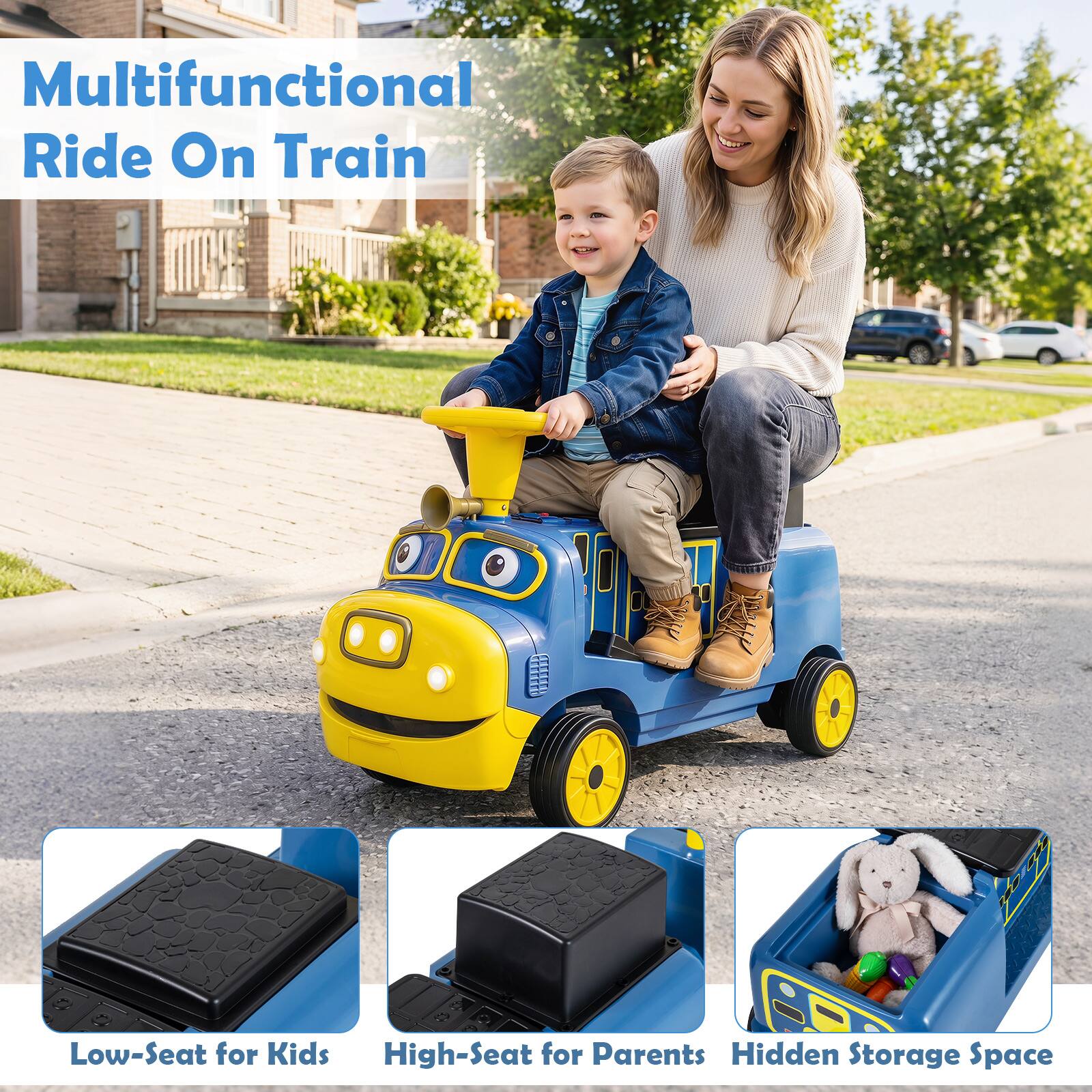 Multifunctional Ride On Train

- Low-Seat for Kids
- High-Seat for Parents
- Hidden Storage Space