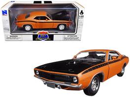 1970 Plymouth Cuda Hood and Stripes 1/25 Diecast Model Car by New Ray - Orange With Black