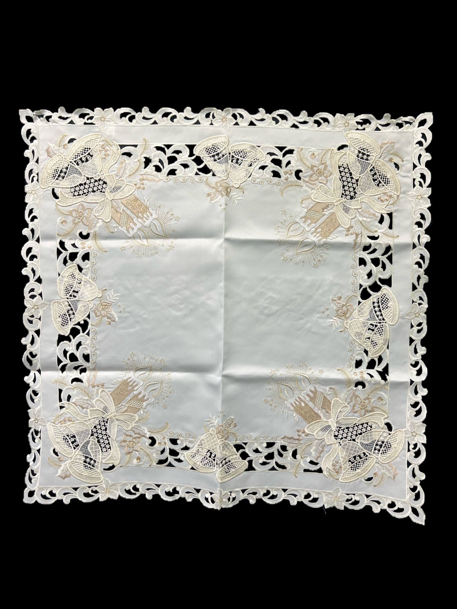Front. Jiallo - Christmas Candle Beige Lace Embroidered Cutwork Square tablecloth, 36 inch Square Table Linen - Beige.