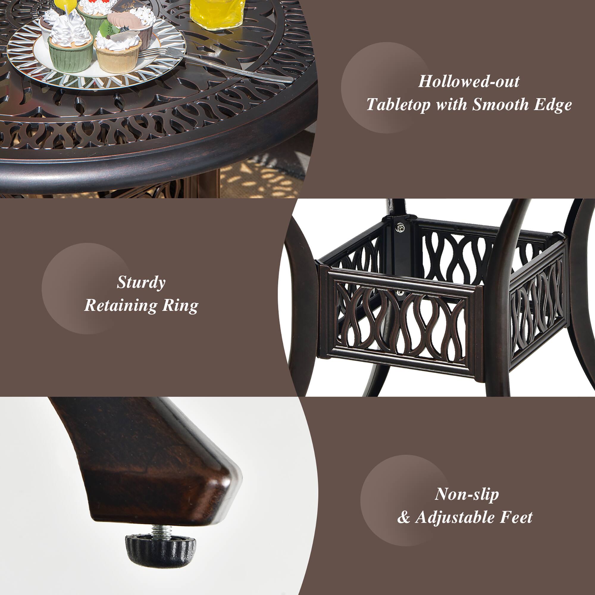 Hollowed-out Tabletop with Smooth Edge, Sturdy Retaining Ring, Non-slip & Adjustable Feet