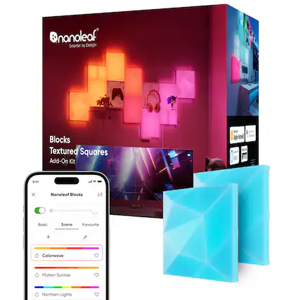 Nanoleaf Blocks Textured Squares Add-On Kit includes:
* 69 Basic Scene
* Favourite + Colorwave
* Molten Sunrise
* Northern Lights