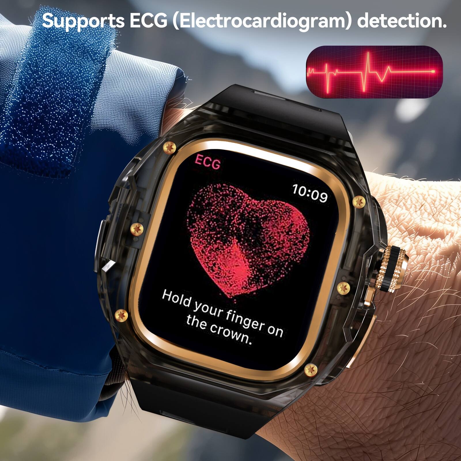 Supports ECG (Electrocardiogram) detection. ECG 10:09 Hold your finger on the crown.