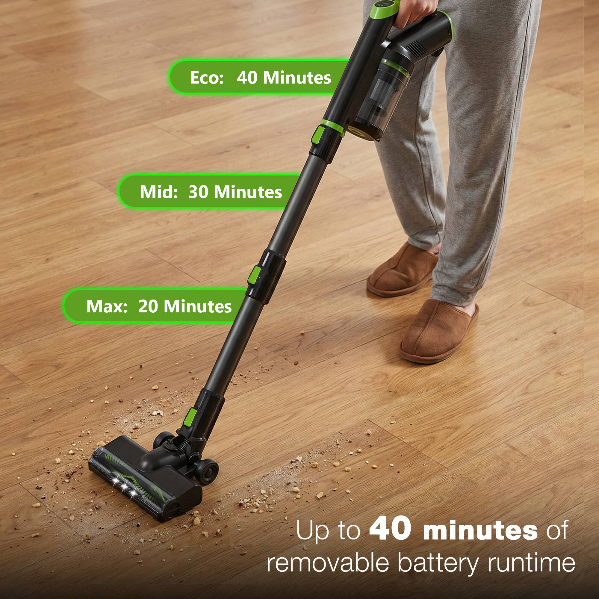Eco: 40 Minutes  
Mid: 30 Minutes  
Max: 20 Minutes  

Up to 40 minutes of removable battery runtime