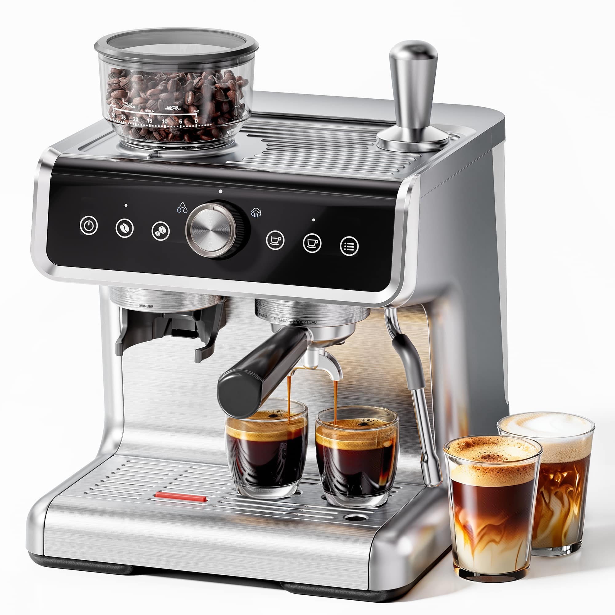 SIMZLIFE - 15 Bar Espresso Machine with Grinder - Coffee Maker w/Milk Frother Steamer Wand & Removable Water Tank - Silver