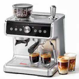 SIMZLIFE - 15 Bar Espresso Machine with Grinder - Coffee Maker w/Milk Frother Steamer Wand & Removable Water Tank - Silver