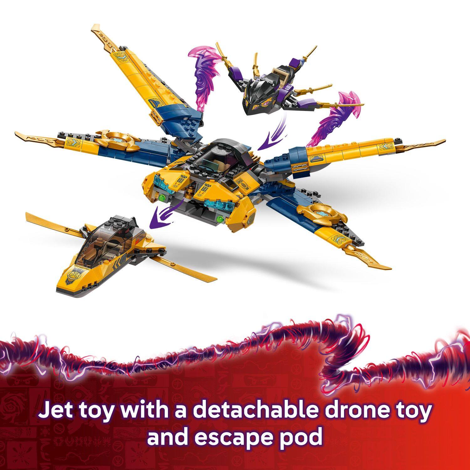 Jet toy with a detachable drone toy and escape pod.