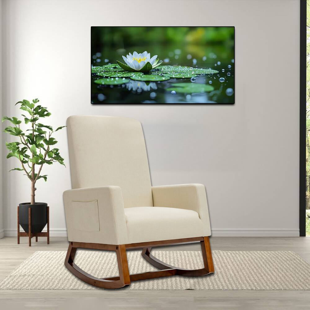 Front. Hivvago - High Back Fabric Rocking Armchair with Convenient Side Storage Pocket - Beige.