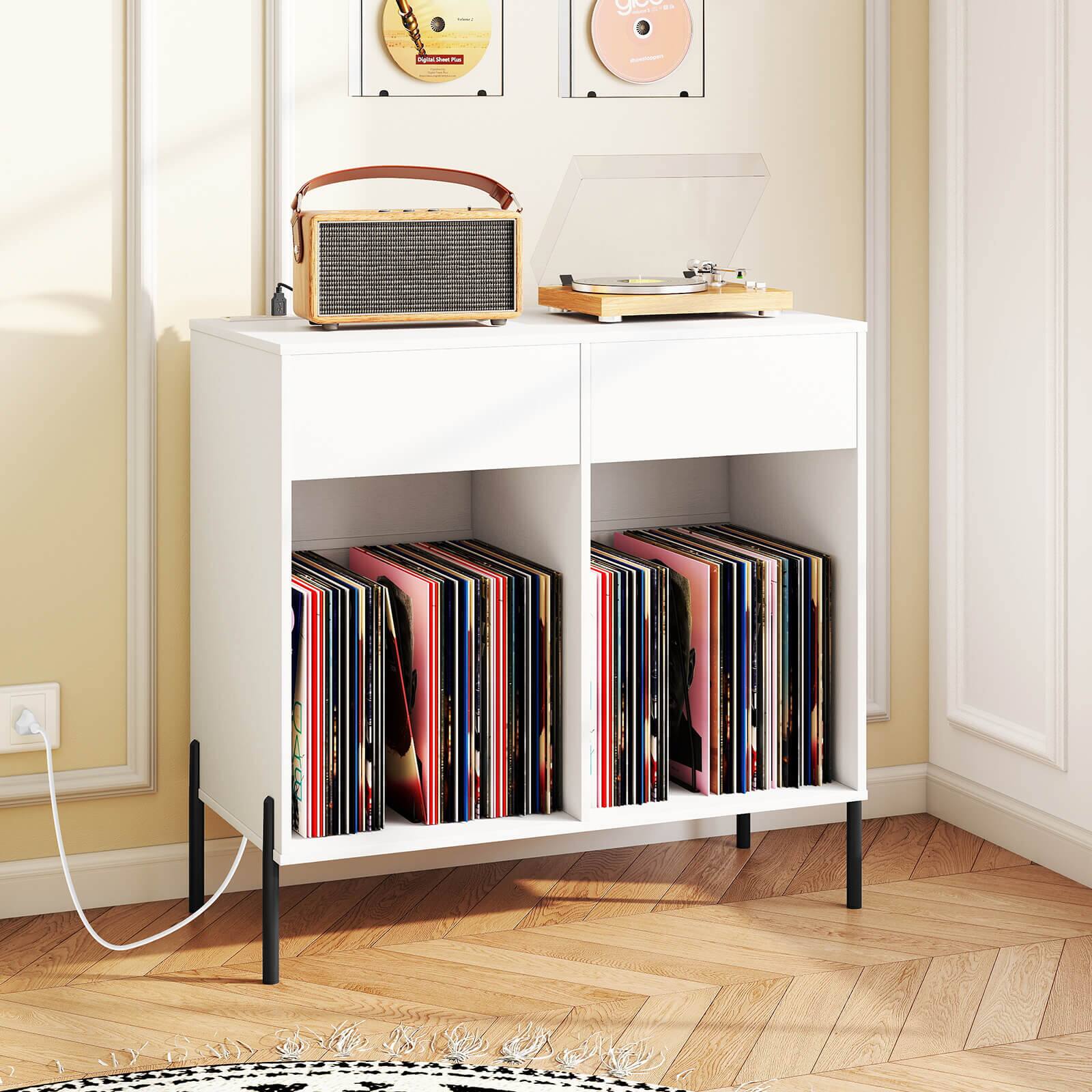 Alt View 1. Costway - Costway Large Record Player Stand with Charging Station Storage Compartments & 2 Drawers - White.