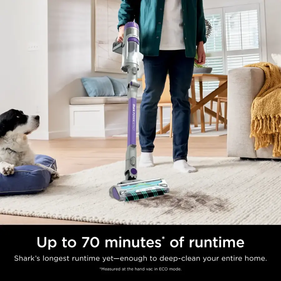 Shark POWERDETEC - Up to 70 minutes* of runtime Shark's longest runtime yet-enough to deep-clean your entire home. *Measured at the hand vac in ECO mode.