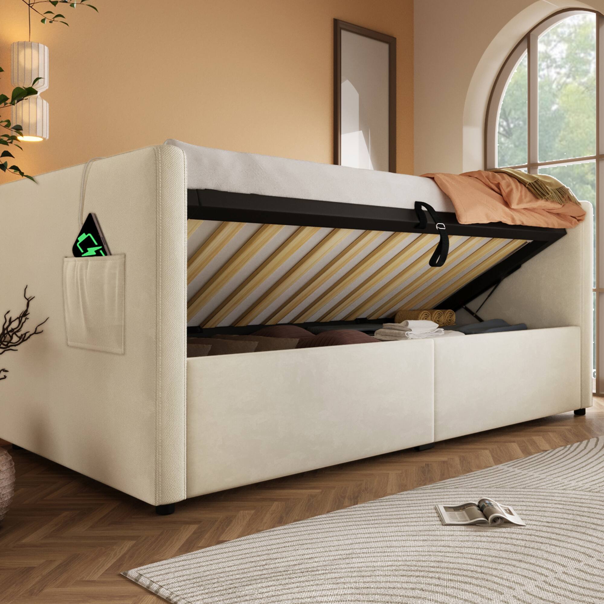 Alt View 10. GOODSILO - Upholstered Twin Size Daybed with Hydraulic Storage and USB Charging, Tufted Sofa Back Design - Beige.