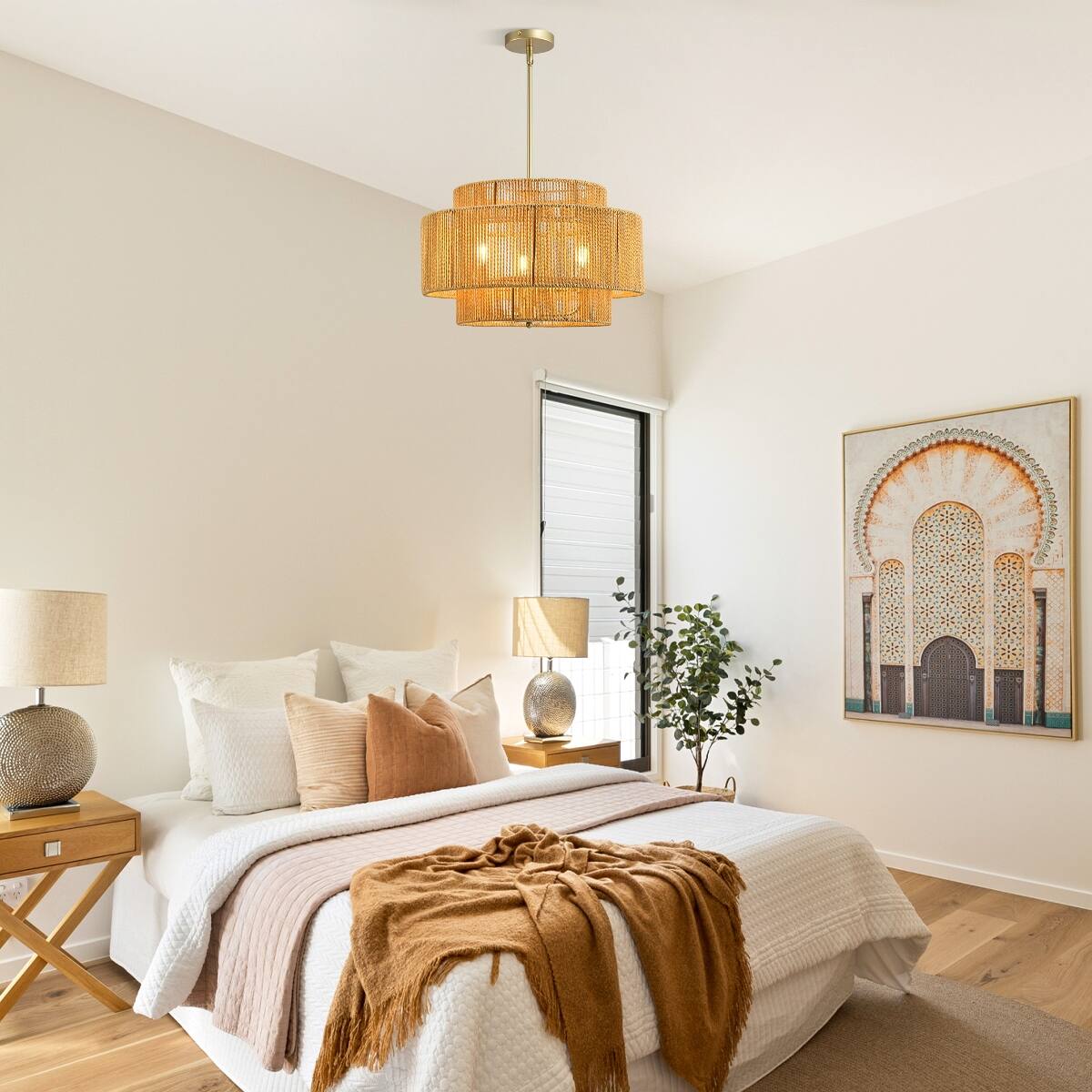 Left. Loheer - Loheer Boho Rattan Chandelier, Three Light Chandelier with Paper Rope Shade and Gold Frame.