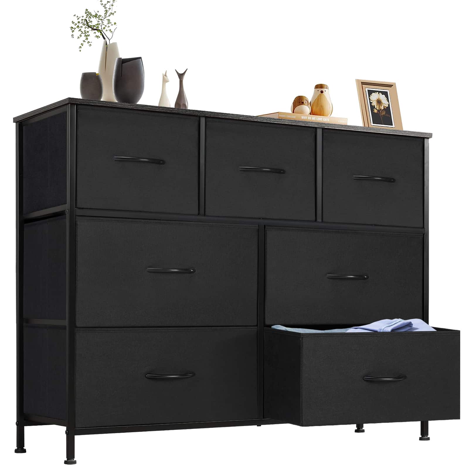 Front. Bestier - 7 Drawer 39.3 in.W Fabric Storage Tower Dresser Wooden Top for Kid Room, Closet, Entryway, Nursery - Black.