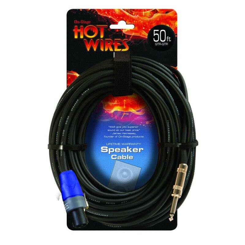 On-Stage HOT WIRES 50 ft QTR-QTR CABLE SPEAKER NOIDE MOT "We'll give you superior sound at our best price." SOrel Hennessey founder of On-Stage products LIFETIME WARRANTY Speaker Cable