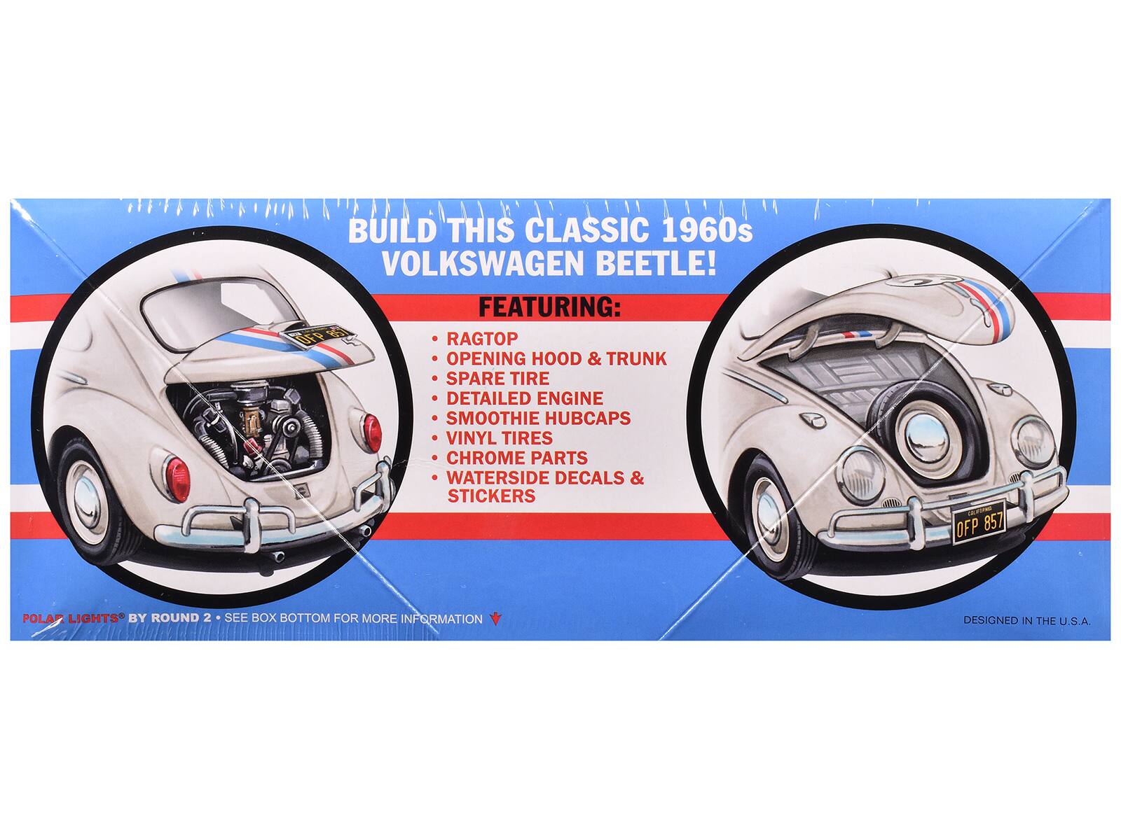 BUILD THIS CLASSIC 1960s VOLKSWAGEN BEETLE!  
FEATURING:  
- RAGTOP  
- OPENING HOOD & TRUNK  
- SPARE TIRE  
- DETAILED ENGINE  
- SMOOTHIE HUBCAPS  
- VINYL TIRES  
- CHROME PARTS  
- WATERSIDE DECALS & STICKERS  

POLAR LIGHTS® BY ROUND 2 • SEE BOX BOTTOM FOR MORE INFORMATION  

DESIGNED IN THE U.S.A.