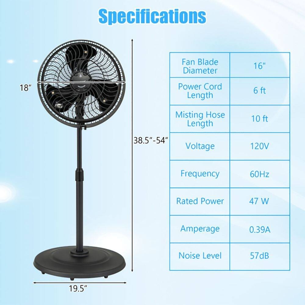 Specifications

- Fan Blade Diameter: 16" 18"
- Power Cord Length: 6 ft
- Misting Hose Length: 10 ft
- Voltage: 120V
- Frequency: 60Hz
- Rated Power: 47 W
- Amperage: 0.39A
- Noise Level: 57dB
- Height: 38.5"-54"
- Base Diameter: 19.5"