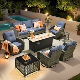 Ovios - 9 PCS Patio Furniture with 54" Fire Pit Table, 3 Seat Sofa with Swivel Chair, Side Table & Coffee Table - Diamond Blue