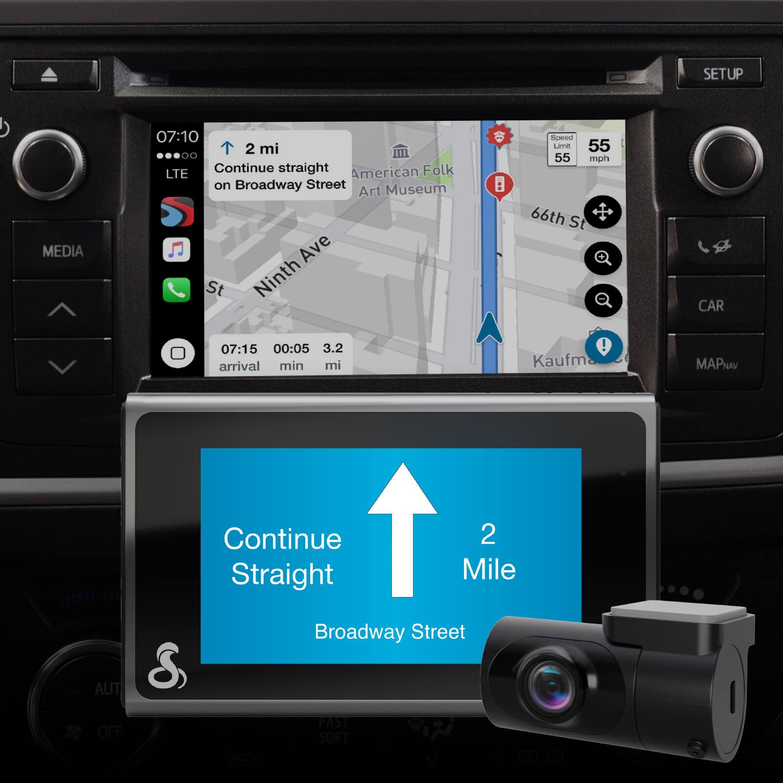 Sure, here is the corrected and grouped text from the image:

---

**Top Left:**
- 07:10
- LTE

**Top Center:**
- 2 mi
- Continue straight on Broadway Street
- American Folk Art Museum
- 66th St
- Kaufman

**Top Right:**
- Speed 55 mph
- 55 mph

**Bottom Left:**
- MEDIA
- 07:15
- 00:05
- 3.2 mi
- arrival min mi

**Bottom Center:**
- Continue Straight
- 2 Mile
- Broadway Street

**Bottom Right:**
- CAR
- MAP NAV

**Bottom Center (Icons):**
- AUT OFF
- FAST SOFT

---