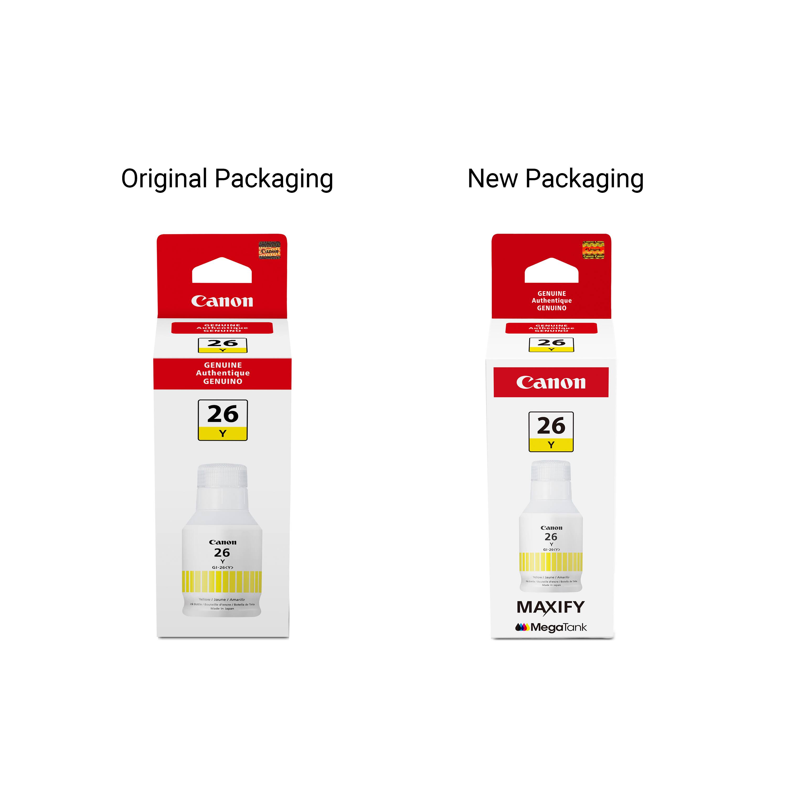 Original Packaging  
New Packaging  

Canon  
26 Y  
Genuine Authentique GENUINO  

Canon  
26 Y  
MAXIFY  
MegaTank