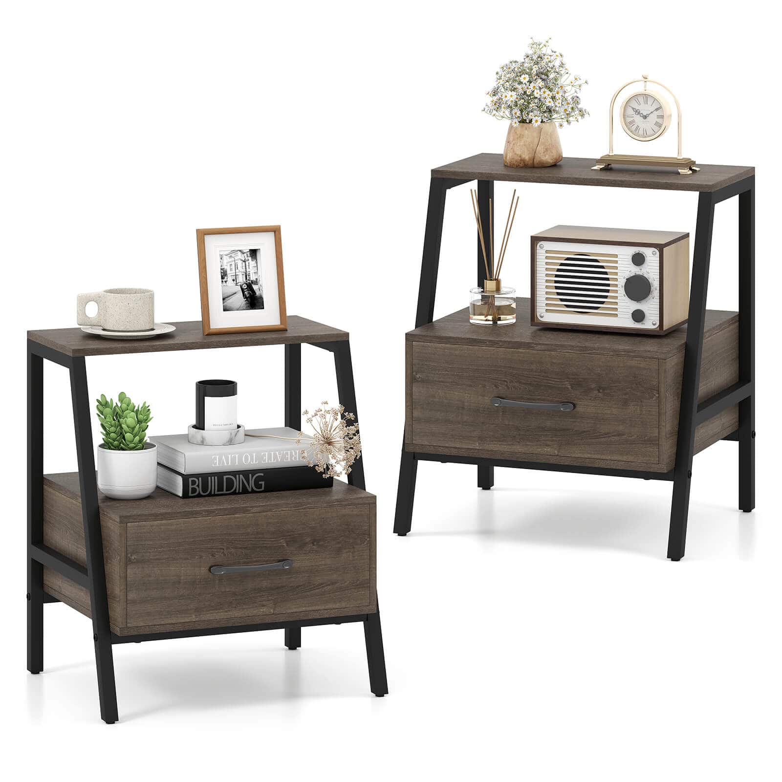 Costway - 2 PCS Nightstand with Drawer Farmhouse 3-Tier Bedside Table with Open Shelf End Table - Gray