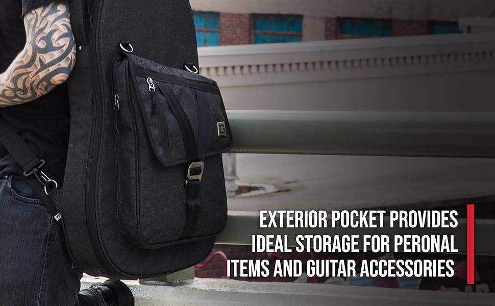 The exterior pocket provides ideal storage for personal items and guitar accessories.