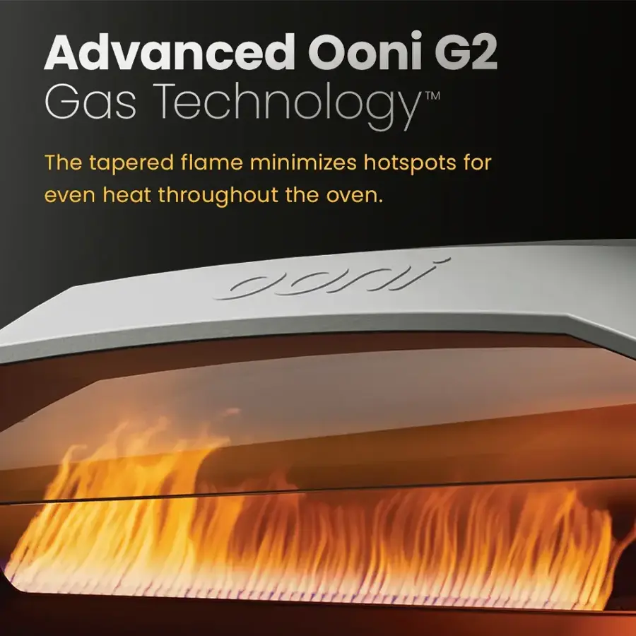 Advanced Ooni G2 Gas Technology: The tapered flame minimizes hotspots for even heat throughout the oven.