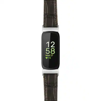 Front. StrapsCo - Crocodile Strap Leather Watch Band For Fitbit Inspire 3 - Black (Silver Hardware).