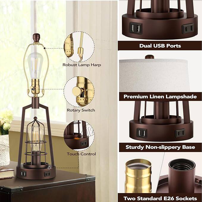 - Dual USB Ports
- Robust Lamp Harp
- Premium Linen Lampshade
- Rotary Switch
- Touch Control
- Sturdy Non-slippery Base
- Two Standard E26 Sockets