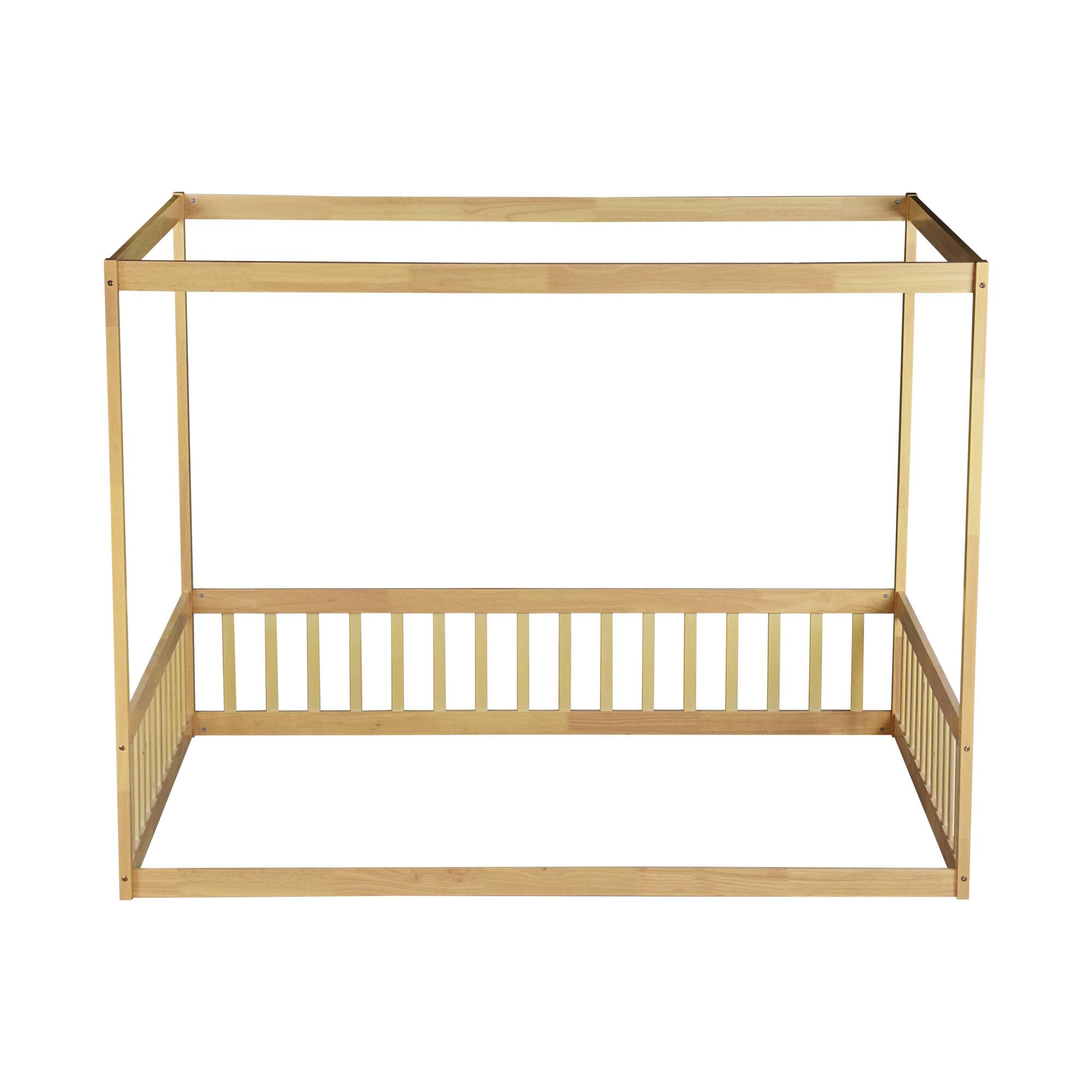 Alt View 1. GOODSILO - Full Size Canopy Frame Floor Bed with Safety Guardrails - Natural.