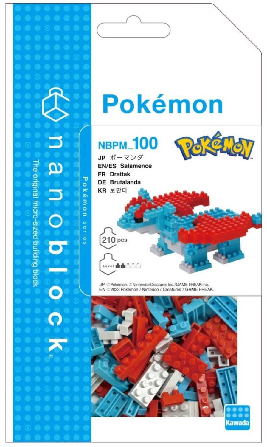 Pokémon  
NBPM_100  
The original micro-sized building block  
JP ボーマンダ  
EN/ES Salamence  
FR Drattak  
DE Brutalanda  
KR 보만다  

210 pcs  

Level  
©2023 Pokémon. © Nintendo/Creatures Inc./GAME FREAK inc.  
©2023 Pokémon. © Nintendo / Creatures / GAME FREAK.  

Kawada