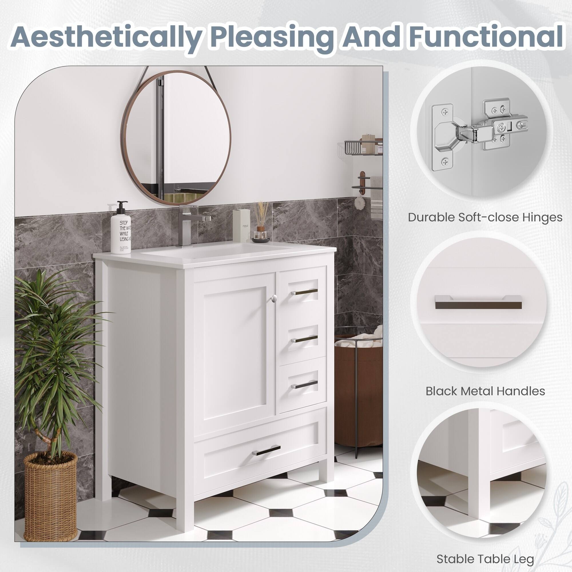 Aesthetically Pleasing And Functional

- Durable Soft-close Hinges
- Black Metal Handles
- Stable Table Leg