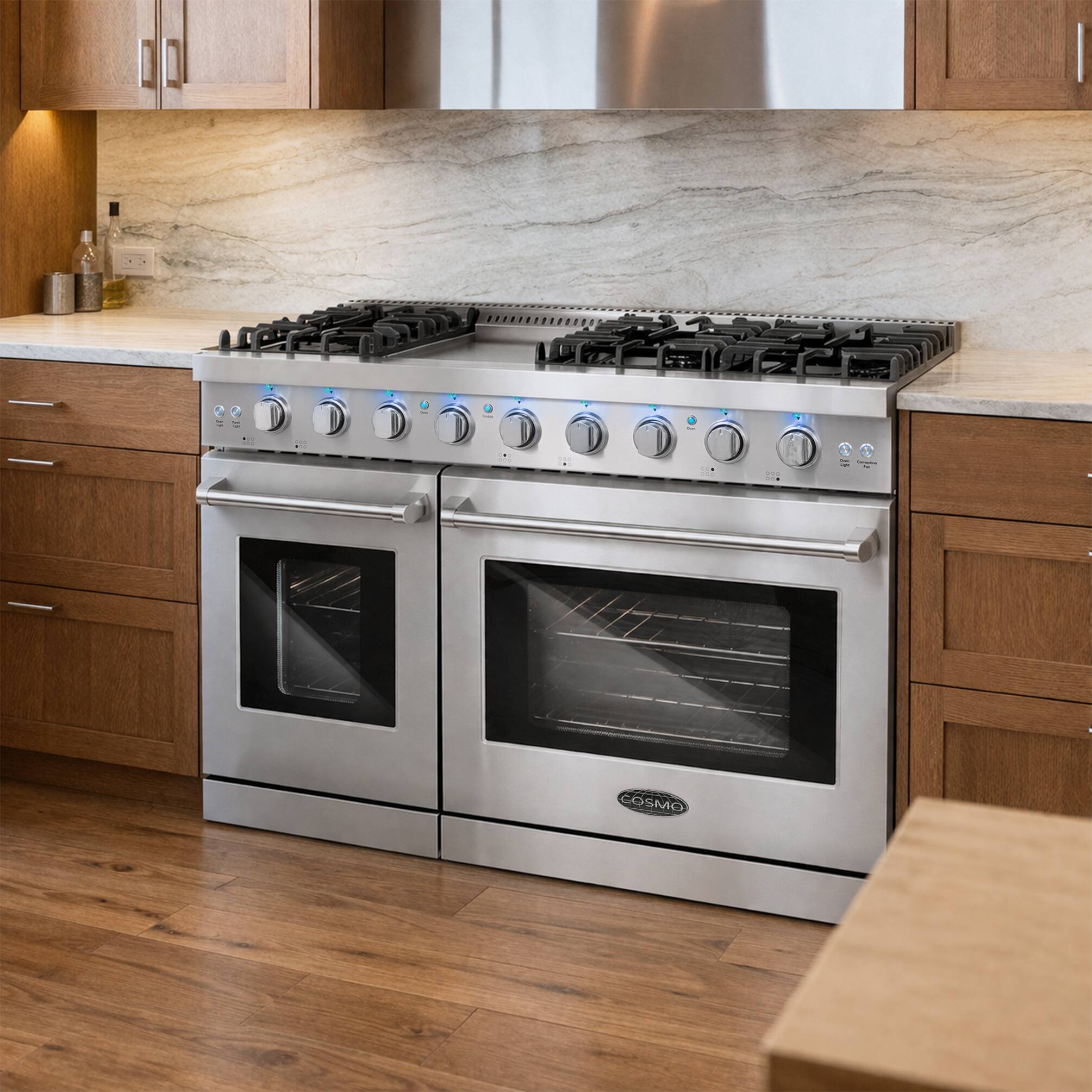 Angle. COSMO - COS-EPGR486G 48 in. Haven Collection 7 cu. ft. Double Oven Gas Range, 6 Burners, Griddle, Convection, Knob LEDs - Stainless Steel.