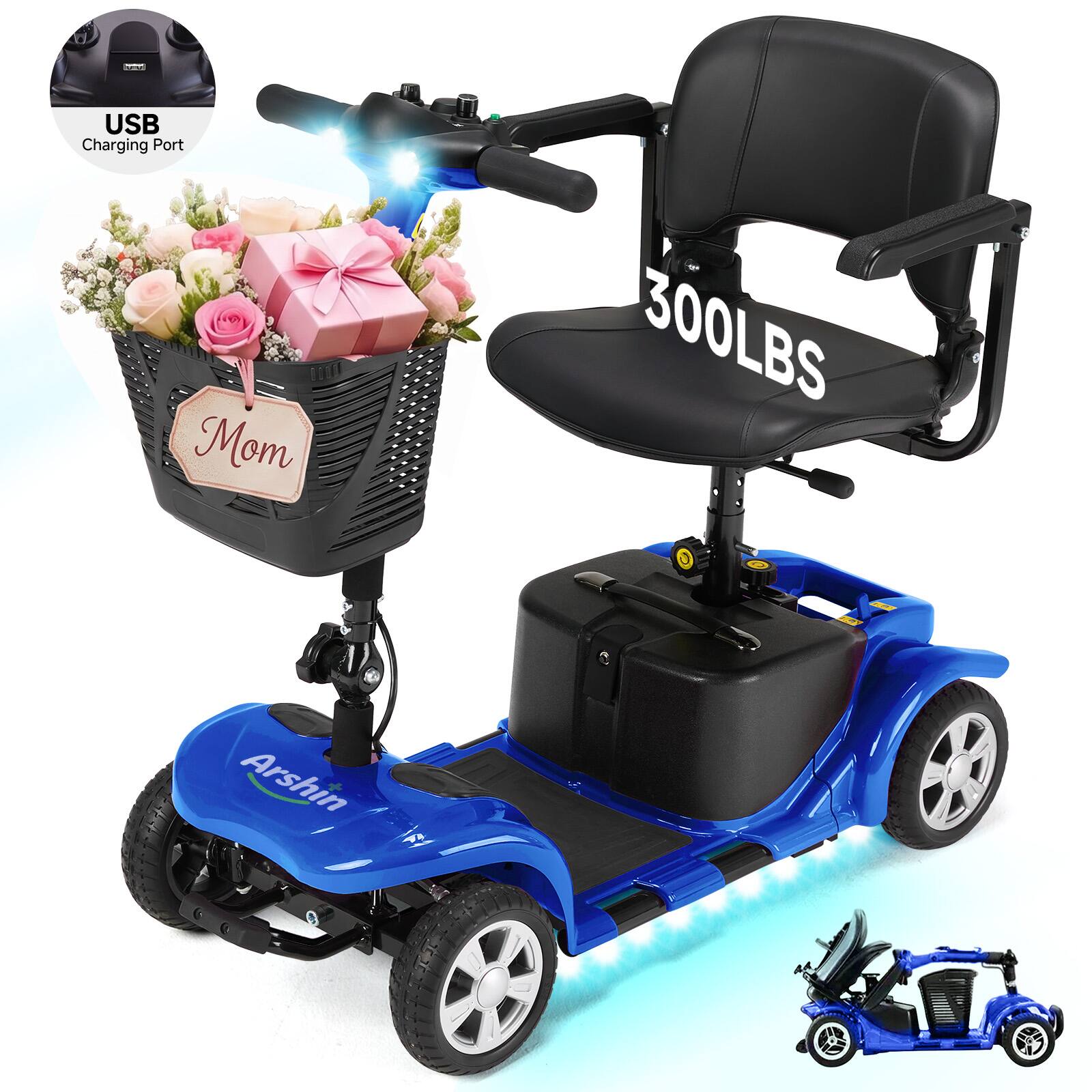 Hover Heart - Electric Mobility Scooter for Adults, Portable 4 Wheel Travel Scooter with Adjustable Seat and LED Light - Blue price history on PriceWatchPro