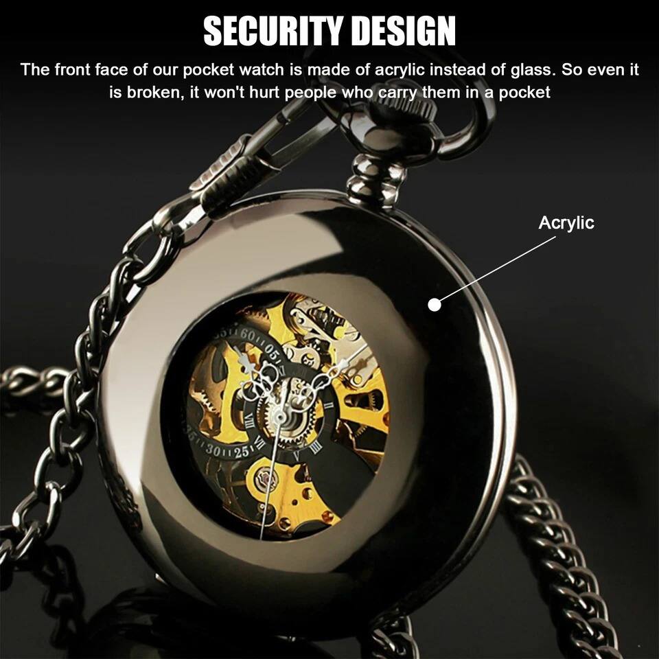 SECURITY DESIGN

The front face of our pocket watch is made of acrylic instead of glass. So even if it is broken, it won't hurt people who carry them in a pocket.

Acrylic
