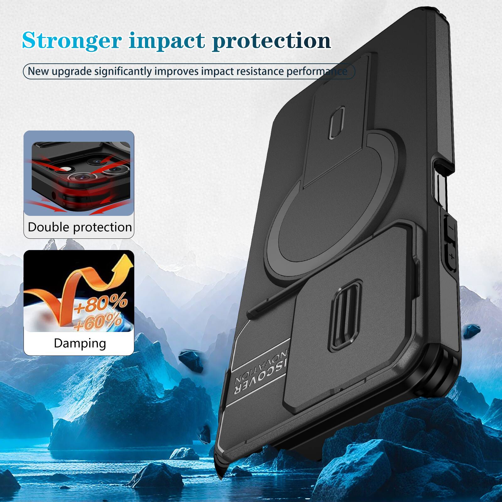 Stronger impact protection  
New upgrade significantly improves impact resistance performance  
Double protection  
+80% +60% Damping  
VAON ISCOVER