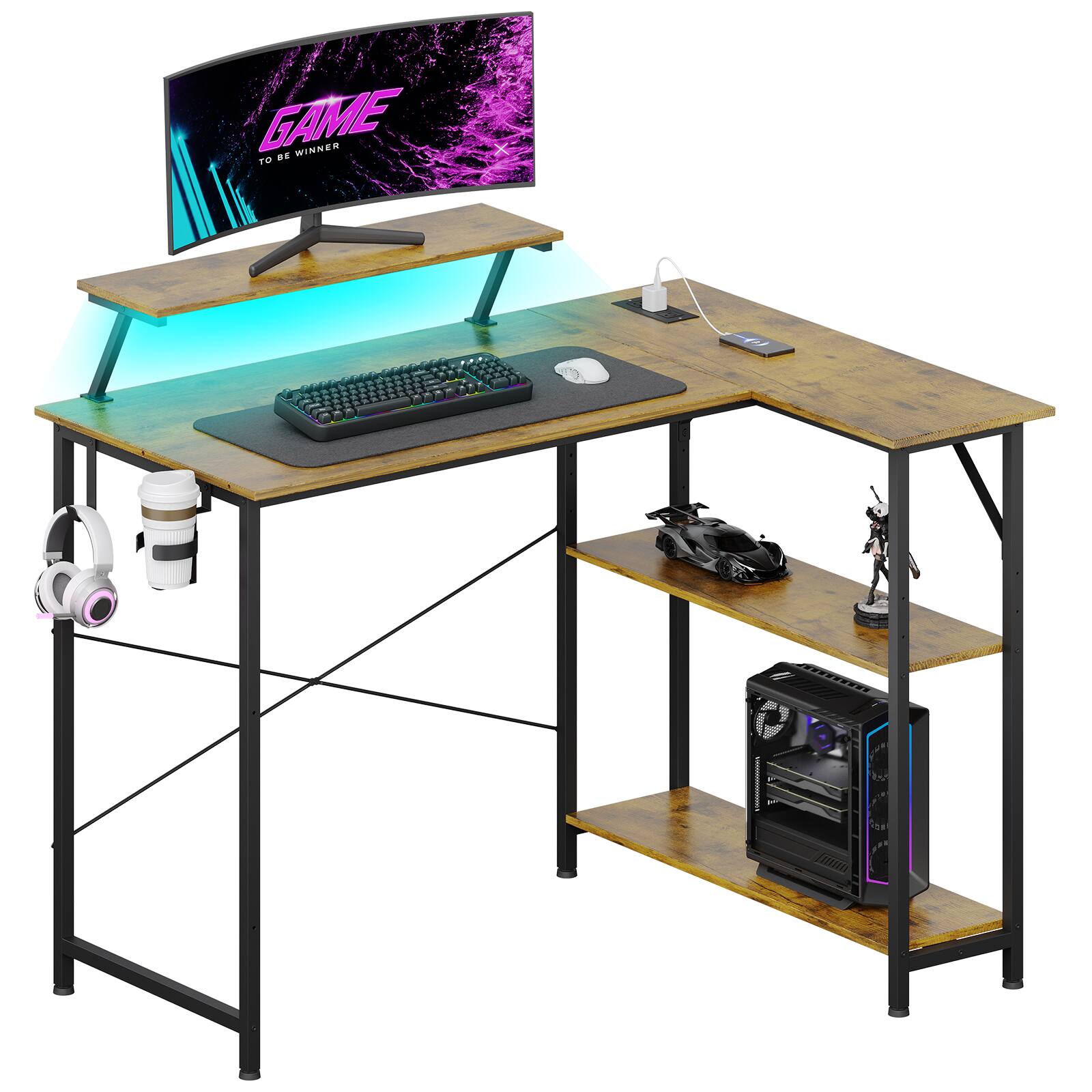 GTPlayer - 42" Wide L-Shaped Gaming Desk with Power Outlets LED Lights and Reversible Storage Shelves & Hooks &Cup Holder - Wood