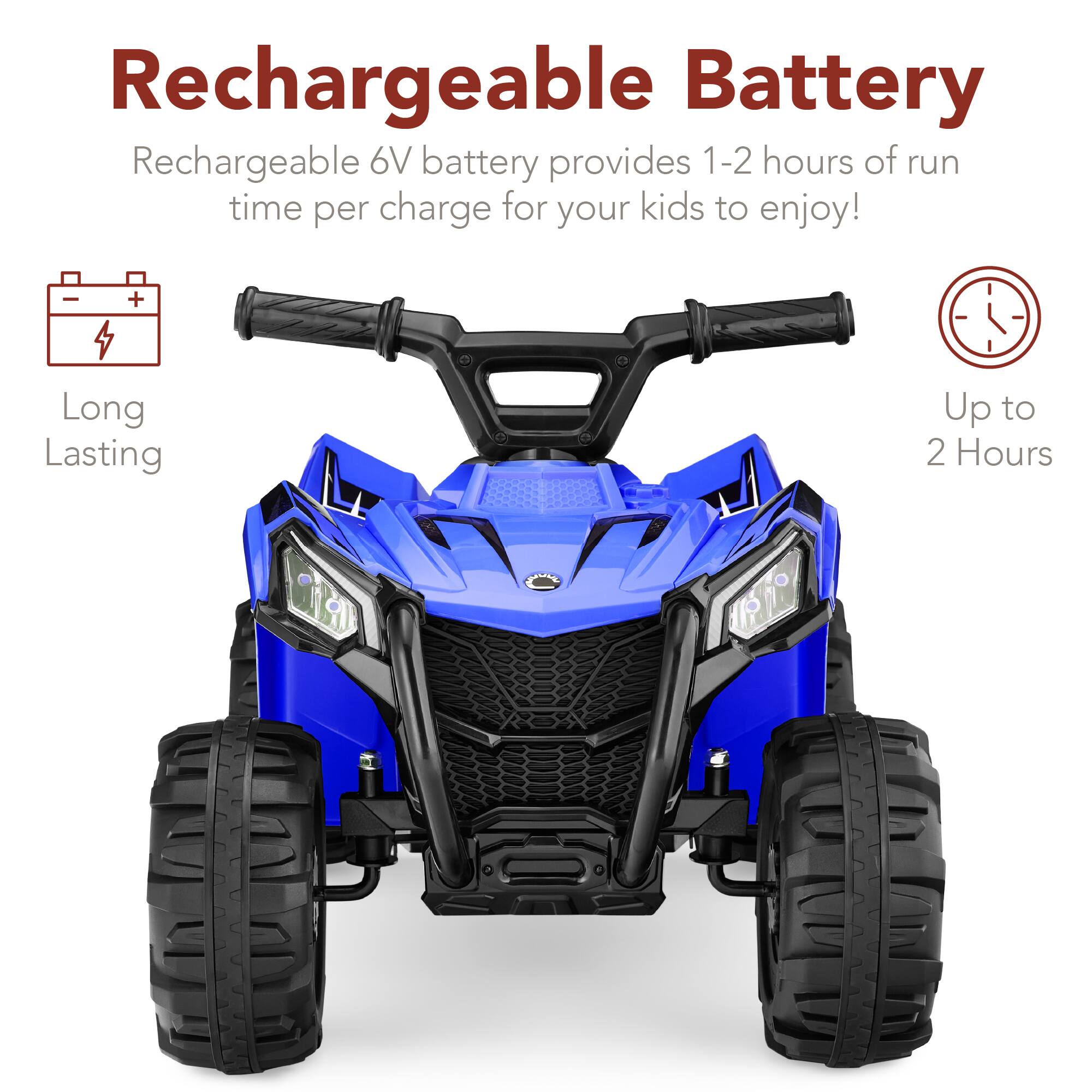 Rechargeable Battery

Rechargeable 6V battery provides 1-2 hours of run time per charge for your kids to enjoy!

- Long Lasting
- Up to 2 Hours