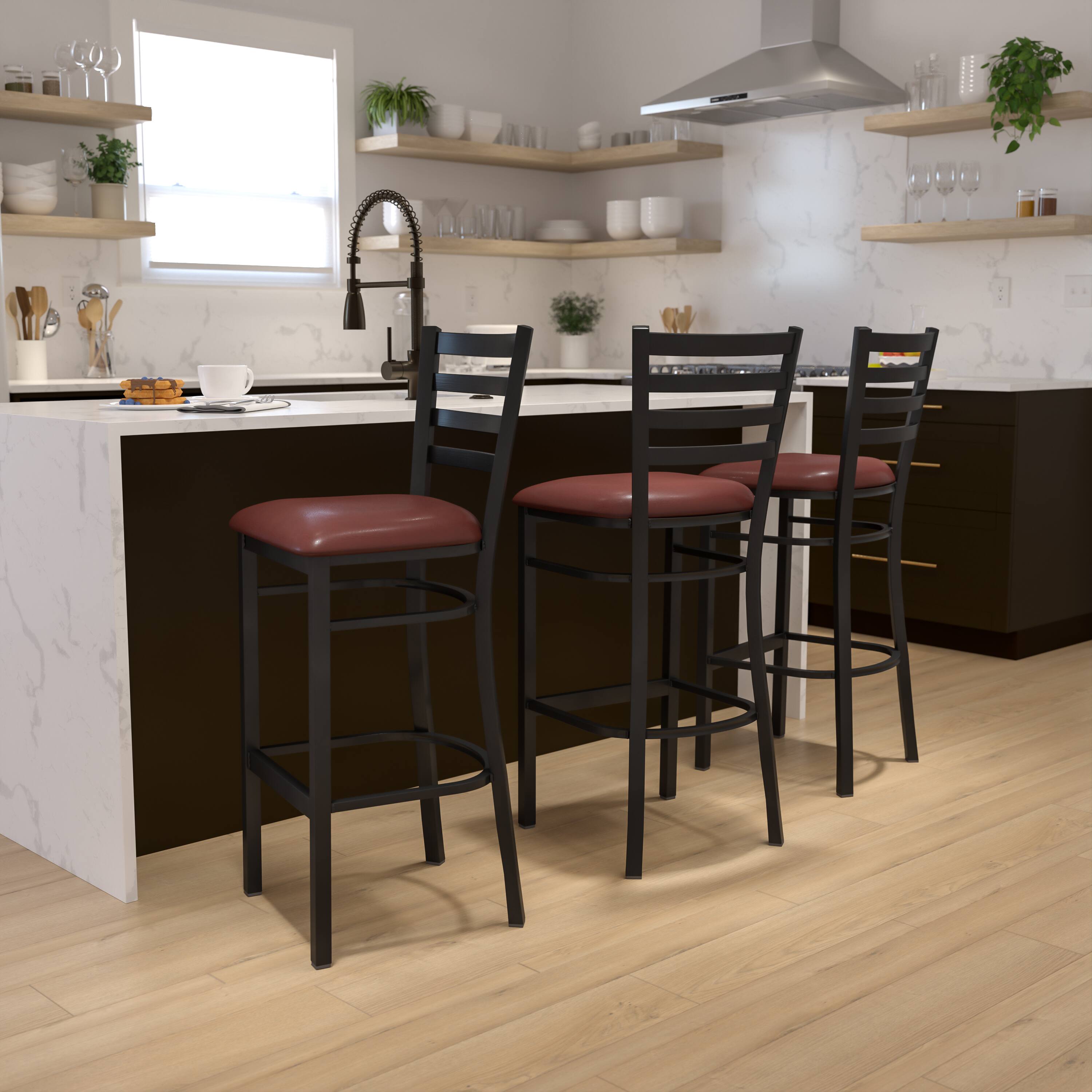Alt View 1. Emma + Oliver - Ladder Back Metal Restaurant Dining Barstool - Burgundy Vinyl Seat/Black Metal Frame.