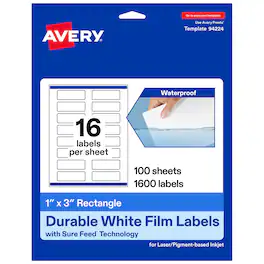 Avery - 1" x 3" Waterproof Rectangle Labels, 1,600 Labels - White