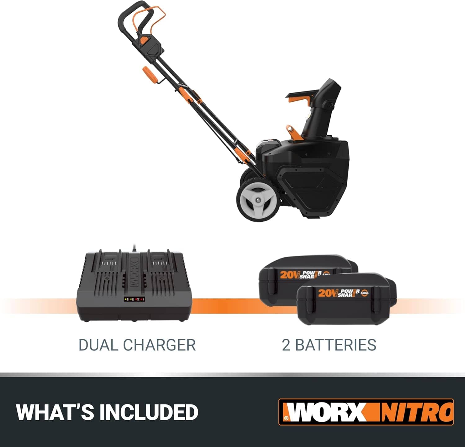 The text on the image is grouped and corrected as follows:
"WORX NITRO 20V Lawn Sharper POWER 20V Lawn Sharper Dual Charger 2 Batteries What's Included"