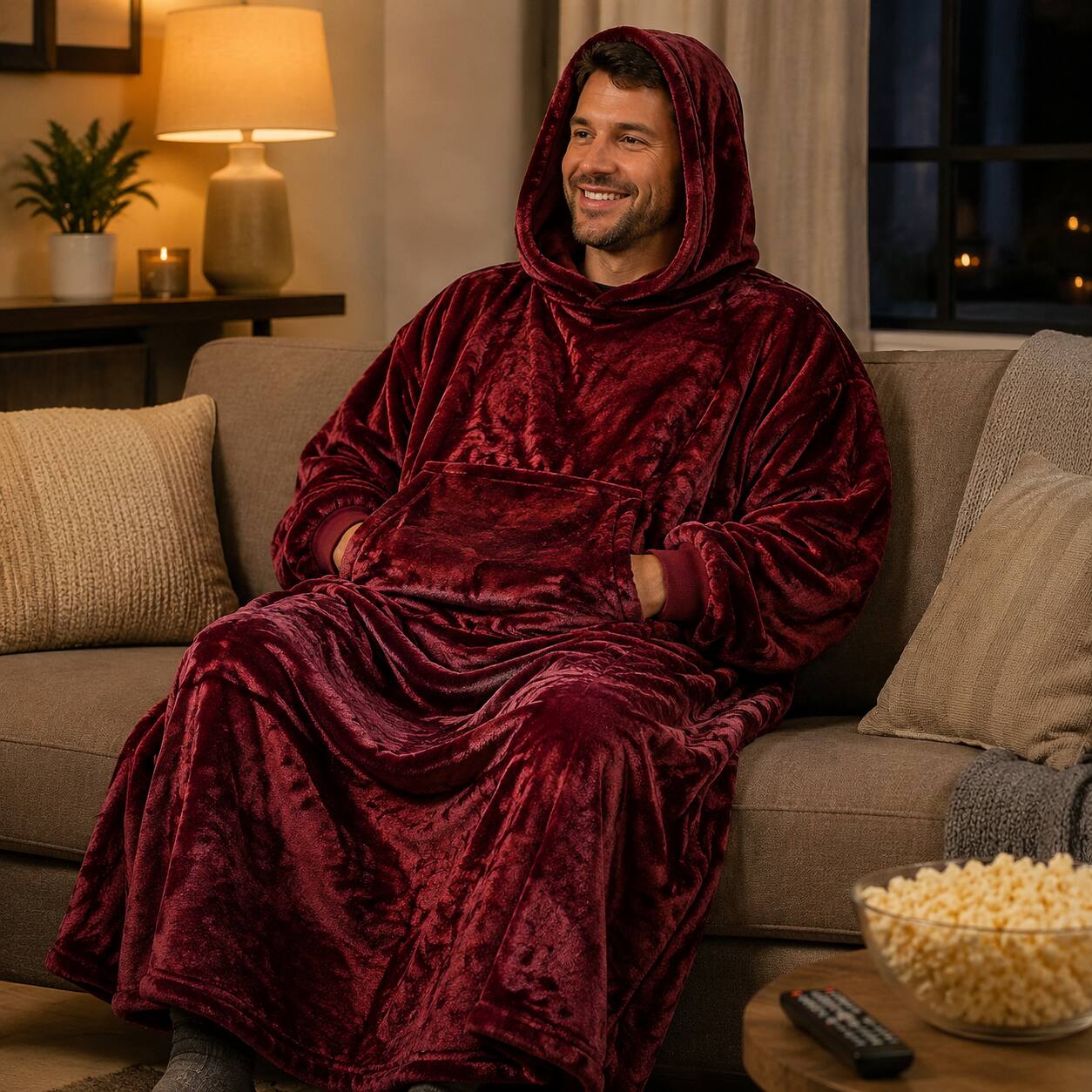 Alt View 2. Oumilen - Large Wearable Blanket Hoodie for Adults, Burgundy Oversized Flannel Hooded Sweatshirt Blanket with Big Pocket 47.2in - Burgundy.