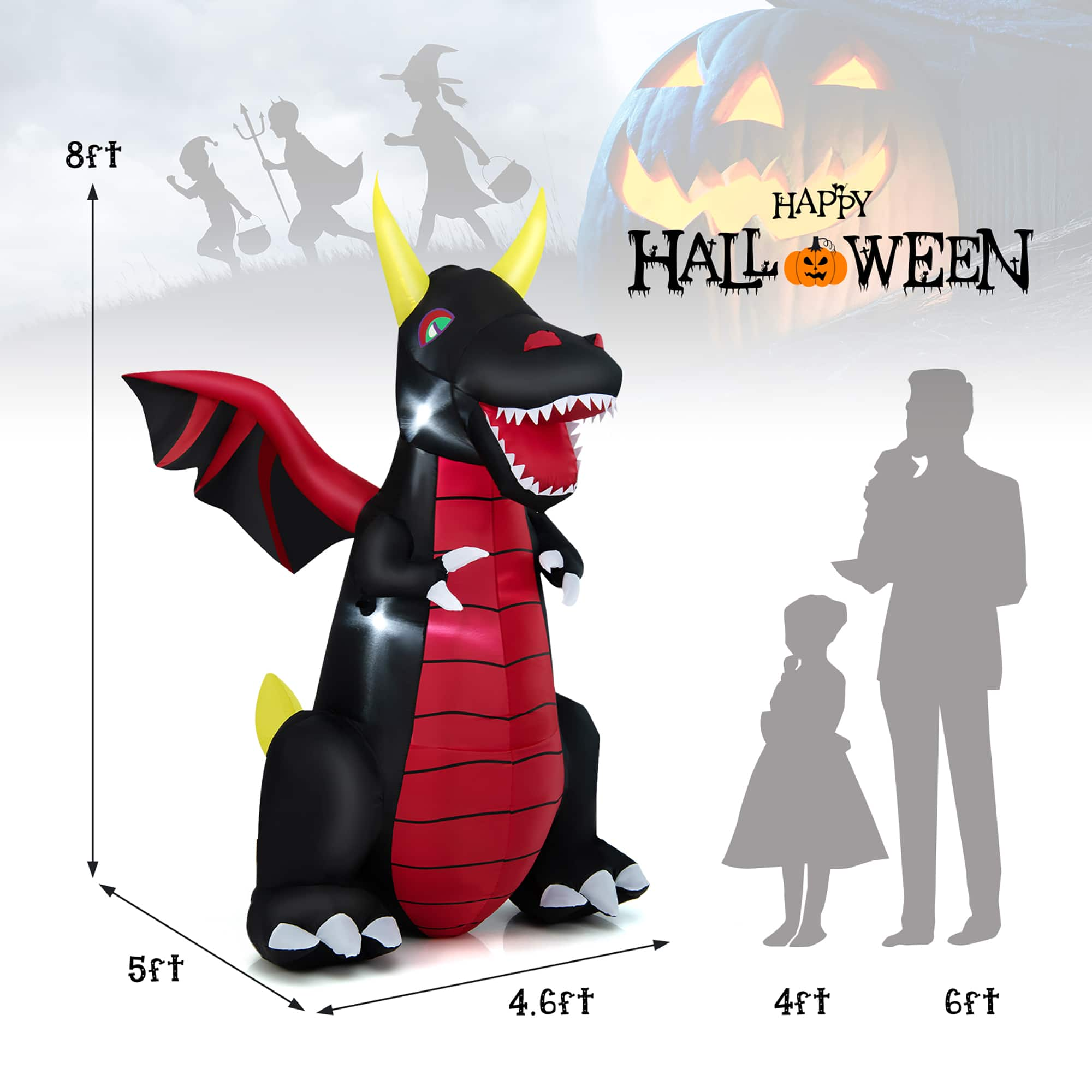 Costway - 8 FT Halloween Inflatable Fire Dragon Giant Blow up Decoration with LED Lights - Black/Red