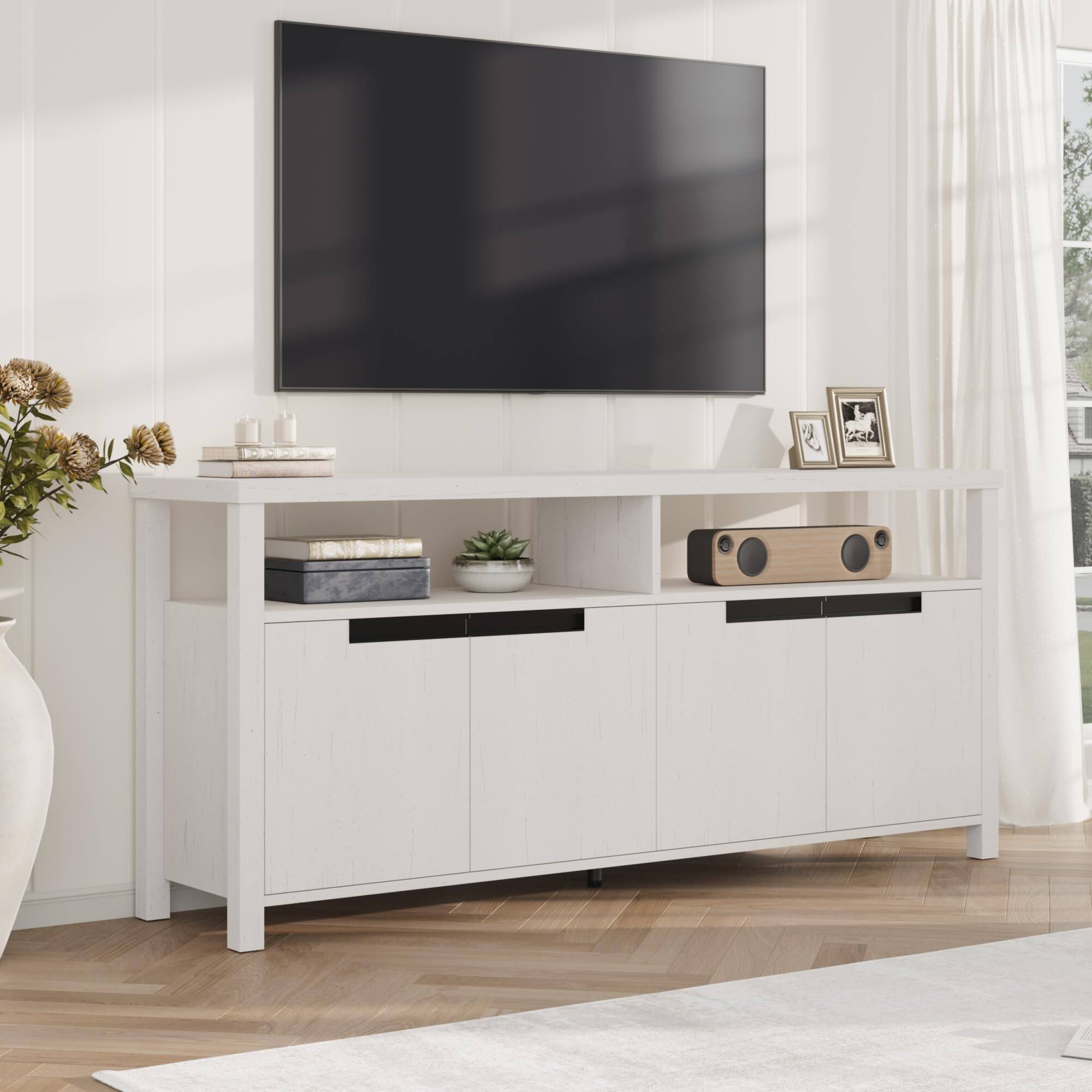 Front. Acekool - TV Stand for 70 Inch TV, 63 Inch Long Farmhouse Entertainment Center with Storage and Open Shelf - White.