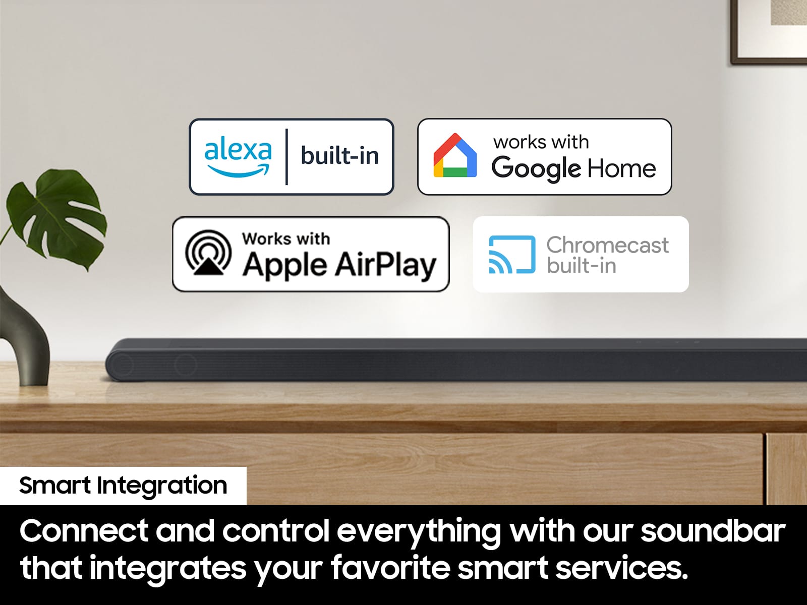 The text on the image is grouped as follows:
1. Alexa built-in works with Google Home.
2. Works with Apple AirPlay.
3. Chromecast built-in.
4. Smart Integration.
5. Connect and control everything with our soundbar that integrates your favorite smart services.