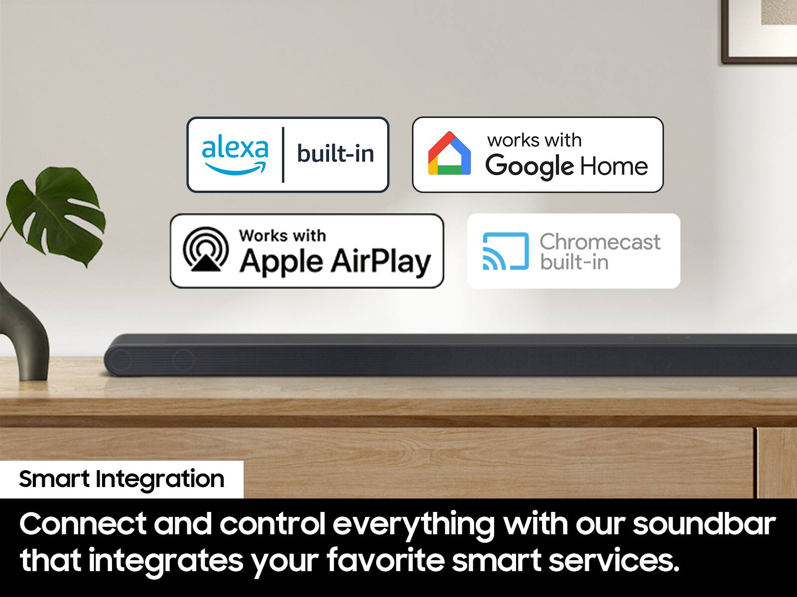 The text on the image is grouped as follows:

1. Alexa built-in works with Google Home.
2. Works with Apple AirPlay.
3. Chromecast built-in.
4. Smart Integration.
5. Connect and control everything with our soundbar that integrates your favorite smart services.